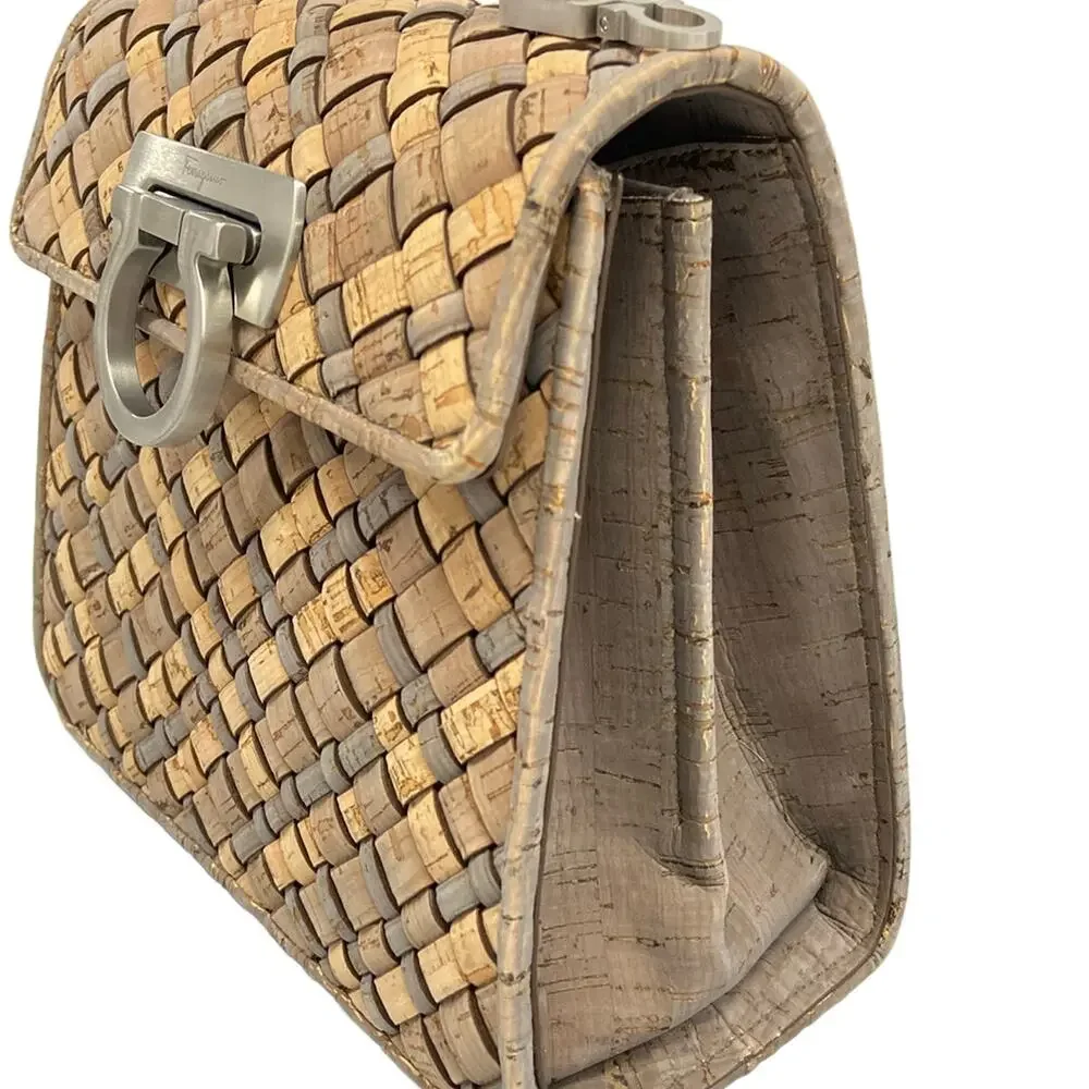 Salvatore Ferragamo Gancini Handbag Beige Gray Dark Brown